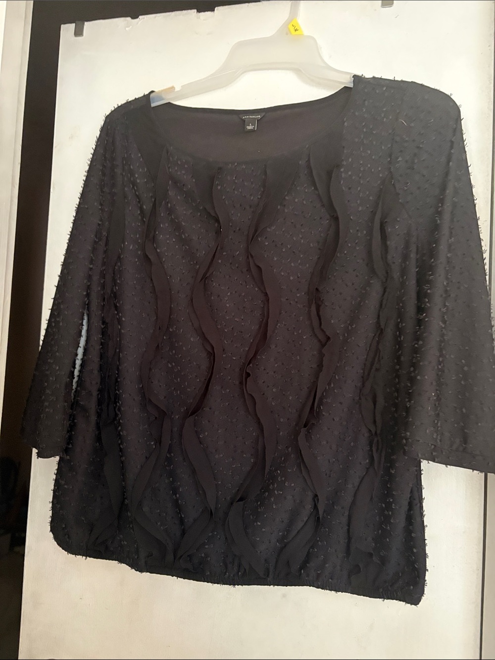 Ann Taylor Black Ruffle-Front Textured Tunic Top, size L.